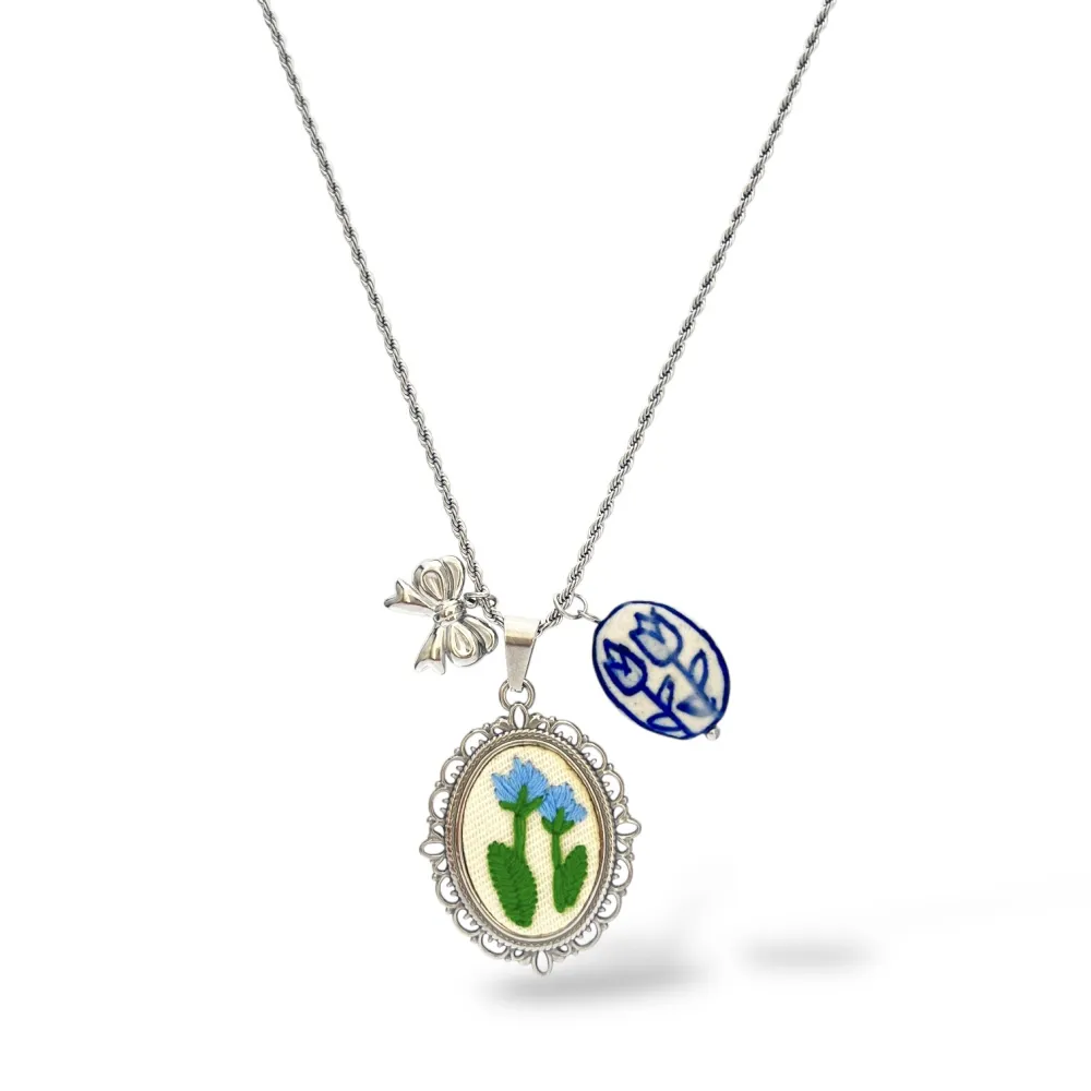 Fiore ricamato-Collana lunga in Acciaio - CL-413-3806 (Argento)