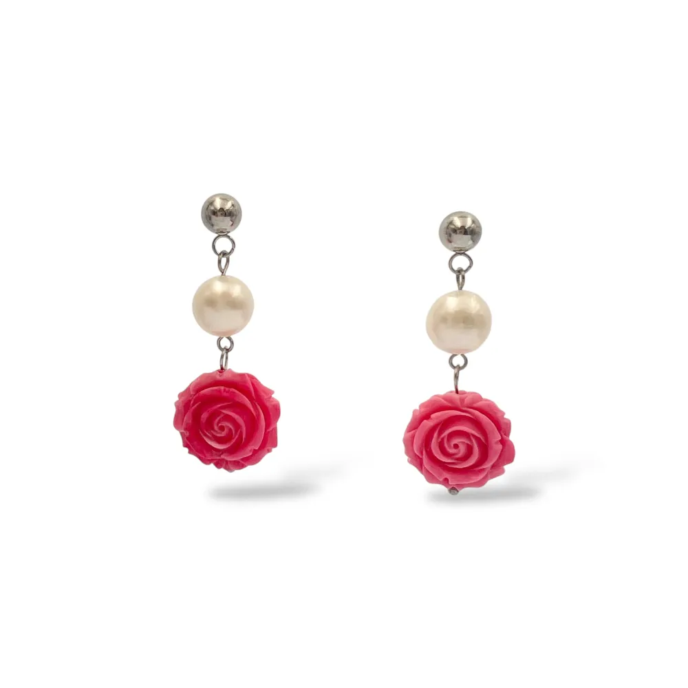 Pallina perla Fiore Rosa-Orecchini in Acciaio - OAP-765-09-10