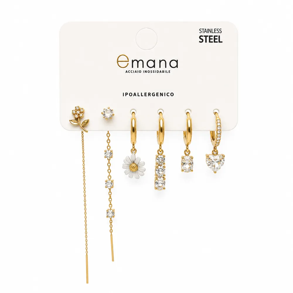 Margherita, cuore-Set 6pz Orecchini in Acciaio e Zirconia - OR-103-AA7168E (Bianco/Oro)
