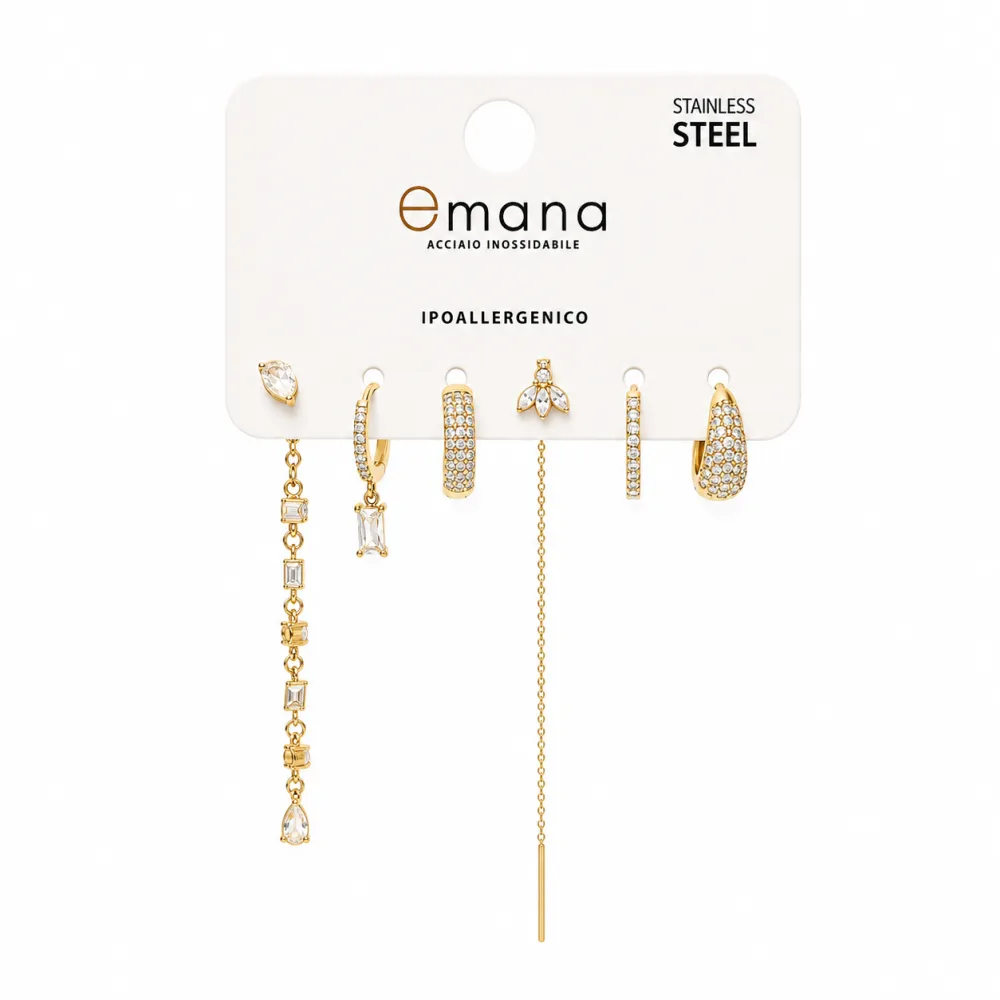 Goccia, foglie-Set 6pz Orecchini in Acciaio e Zirconia - OR-103-AA7169E (Bianco/Oro)