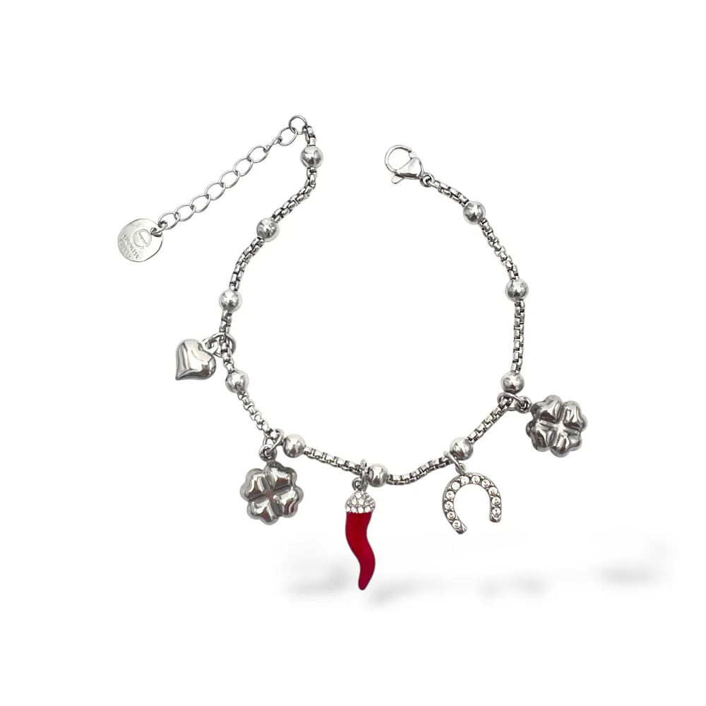 Cornino, ferro di cavallo, quadrifoglio -Bracciale in Acciaio - BAC-413-AA5867B (Argento)