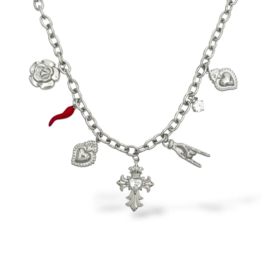 Croce, cornino, sacro cuore -Collana corta in Acciaio - CL-103-AA6861N (Argento)