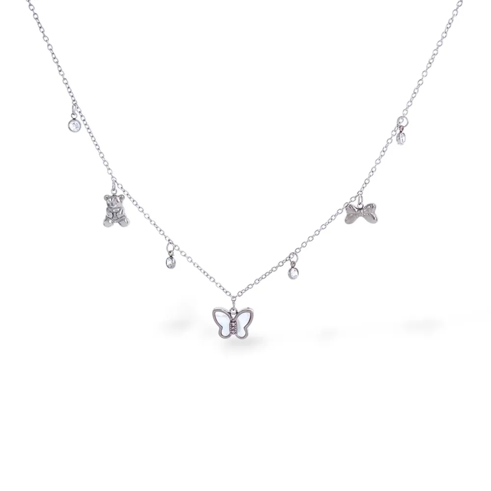 [CL-413-3777] Farfalla, orso, fiocco-Collana corta in Acciaio - CL-413-3777 (Argento)
