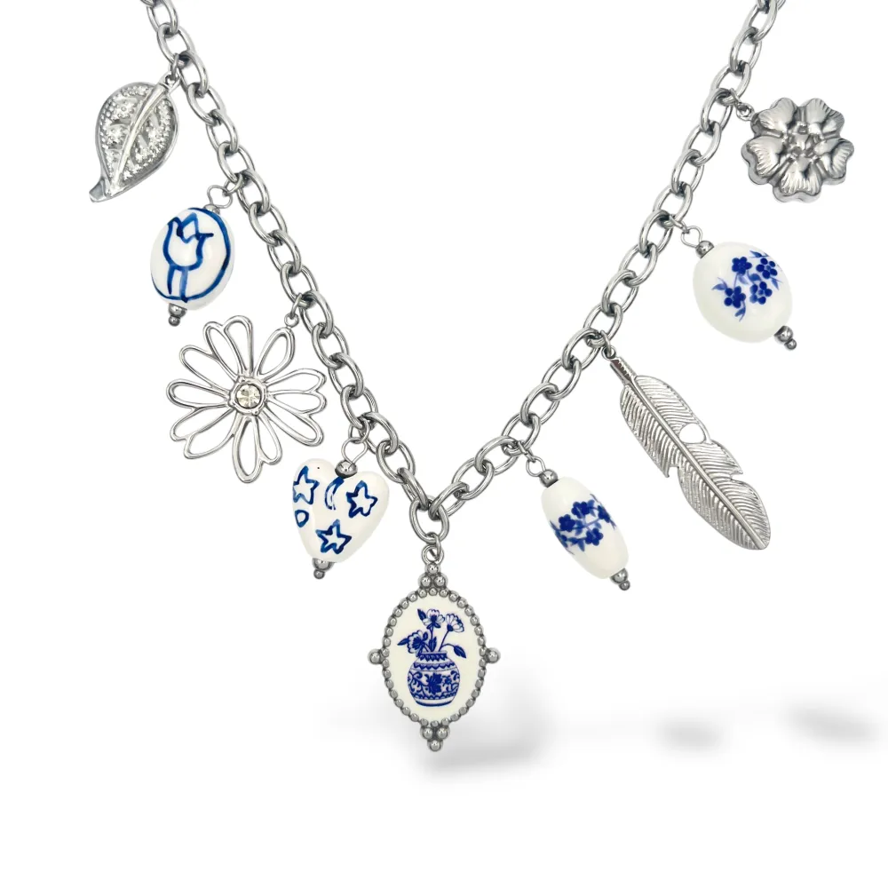 Ceramica e margherita-Collana corta in Acciaio - CL-413-3816 (Argento)