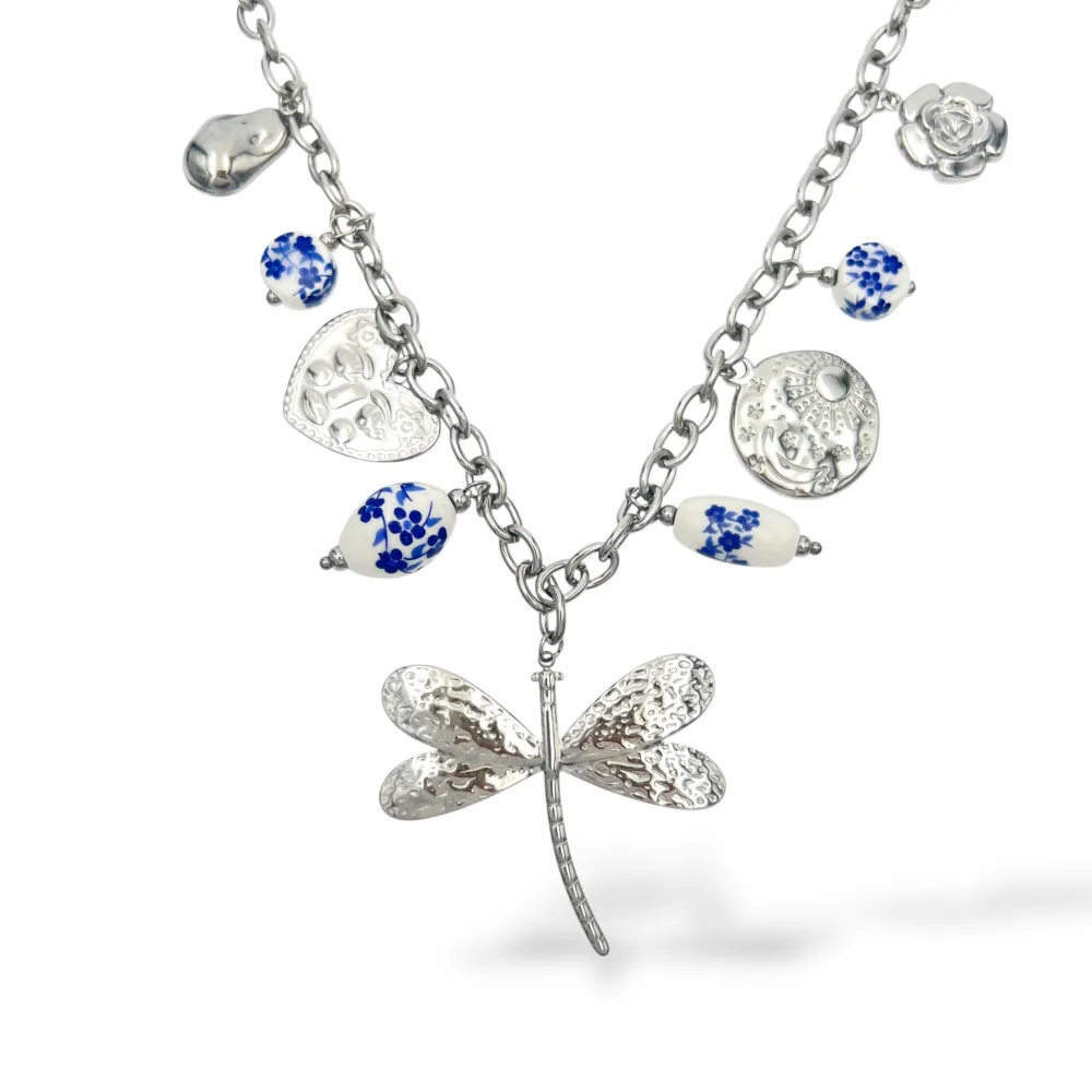 Libellula e ceramica-Collana corta in Acciaio - CL-413-3817 (Argento)