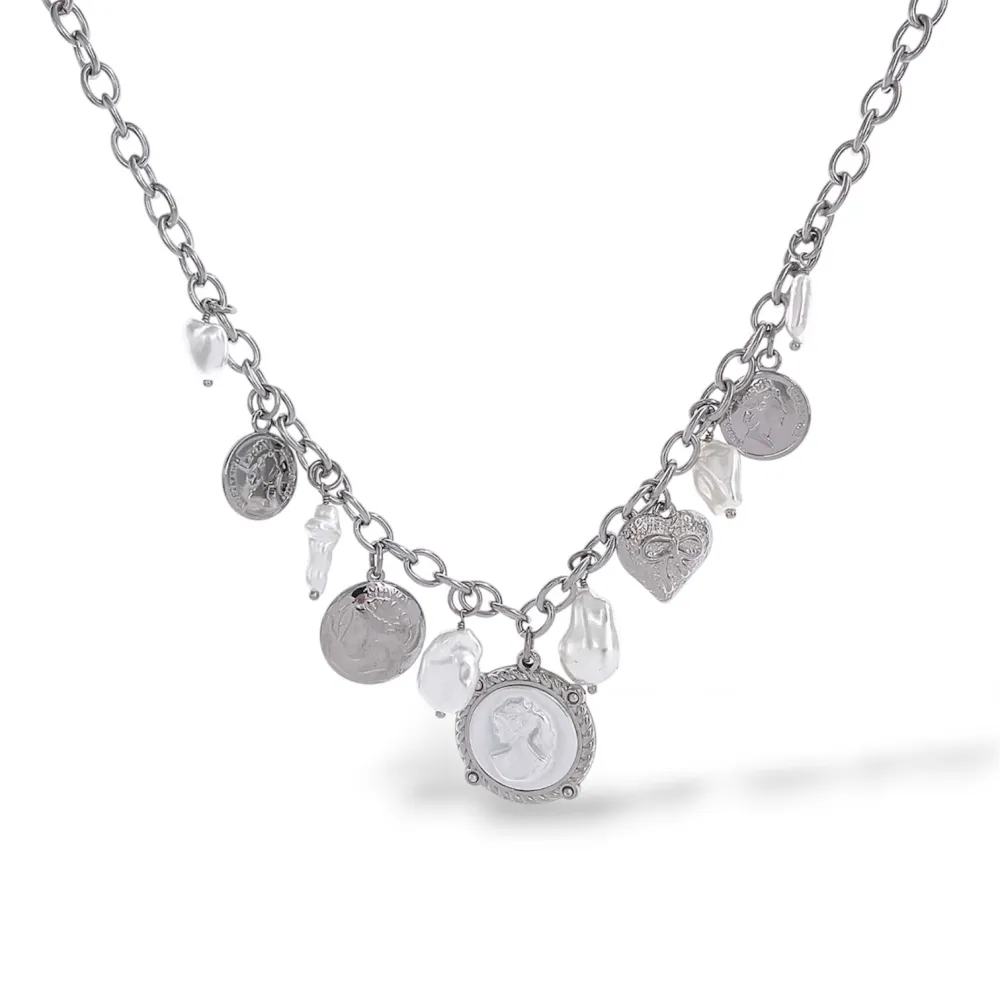 Dama, perla, moneta -Collana corta in Acciaio - CL-794-98 (Argento)