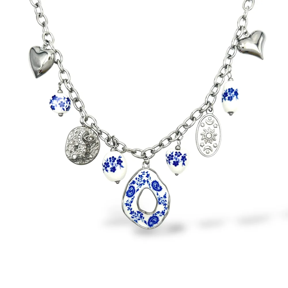 Ceramica, Sole, Luna, Cuore-Collana corta in Acciaio - CL-413-3815 (Argento)