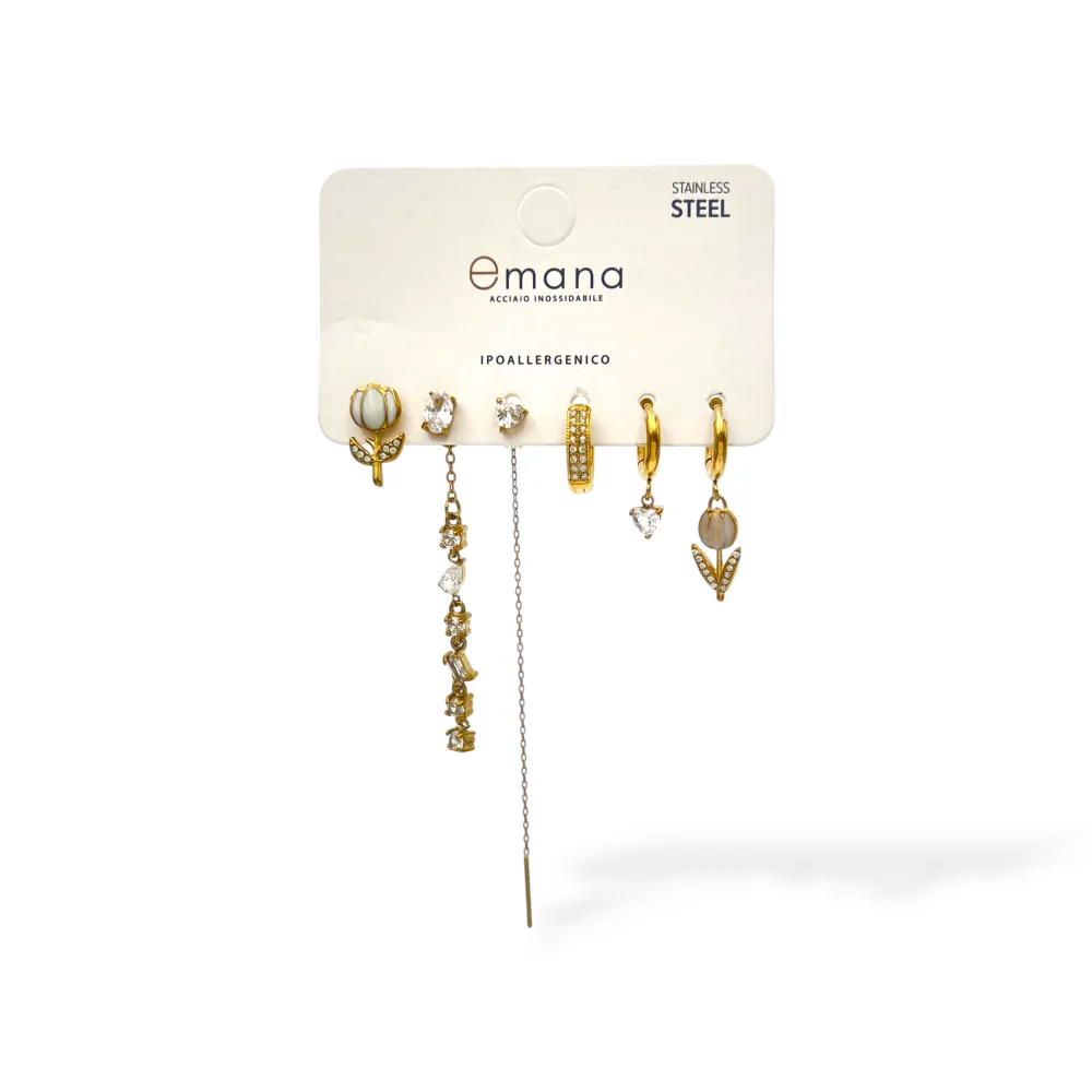 Tulipano-Set 6pz Orecchini in Acciaio e Zirconia - OR-103-AA7036E (Bianco/Oro)