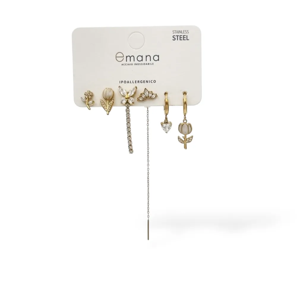Tulipano, farfalla-Set 6pz Orecchini in Acciaio e Zirconia - OR-103-AA7172E (Bianco/Oro)