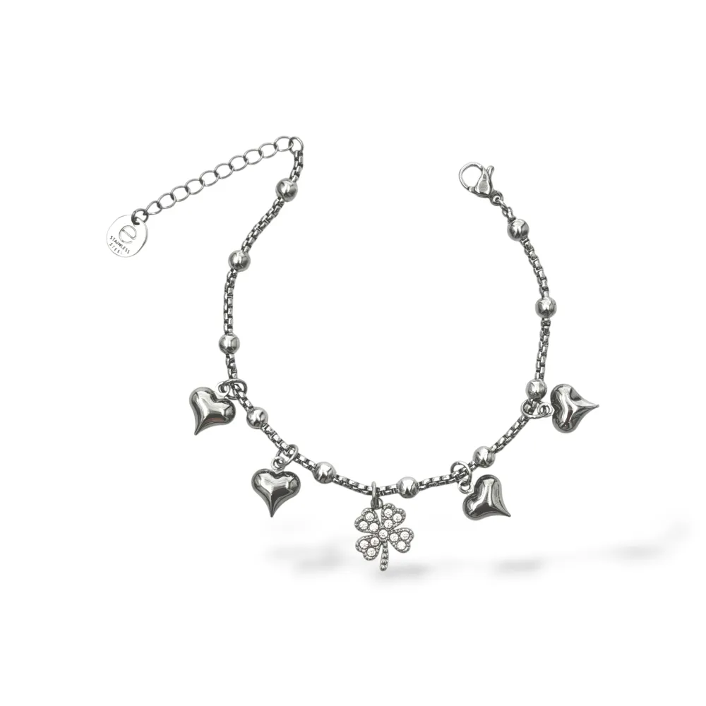 [BAC-103-AA5870B] Quadrifoglio E Cuori-Bracciale in Acciaio con Chiusura - BAC-103-AA5870B (Argento)