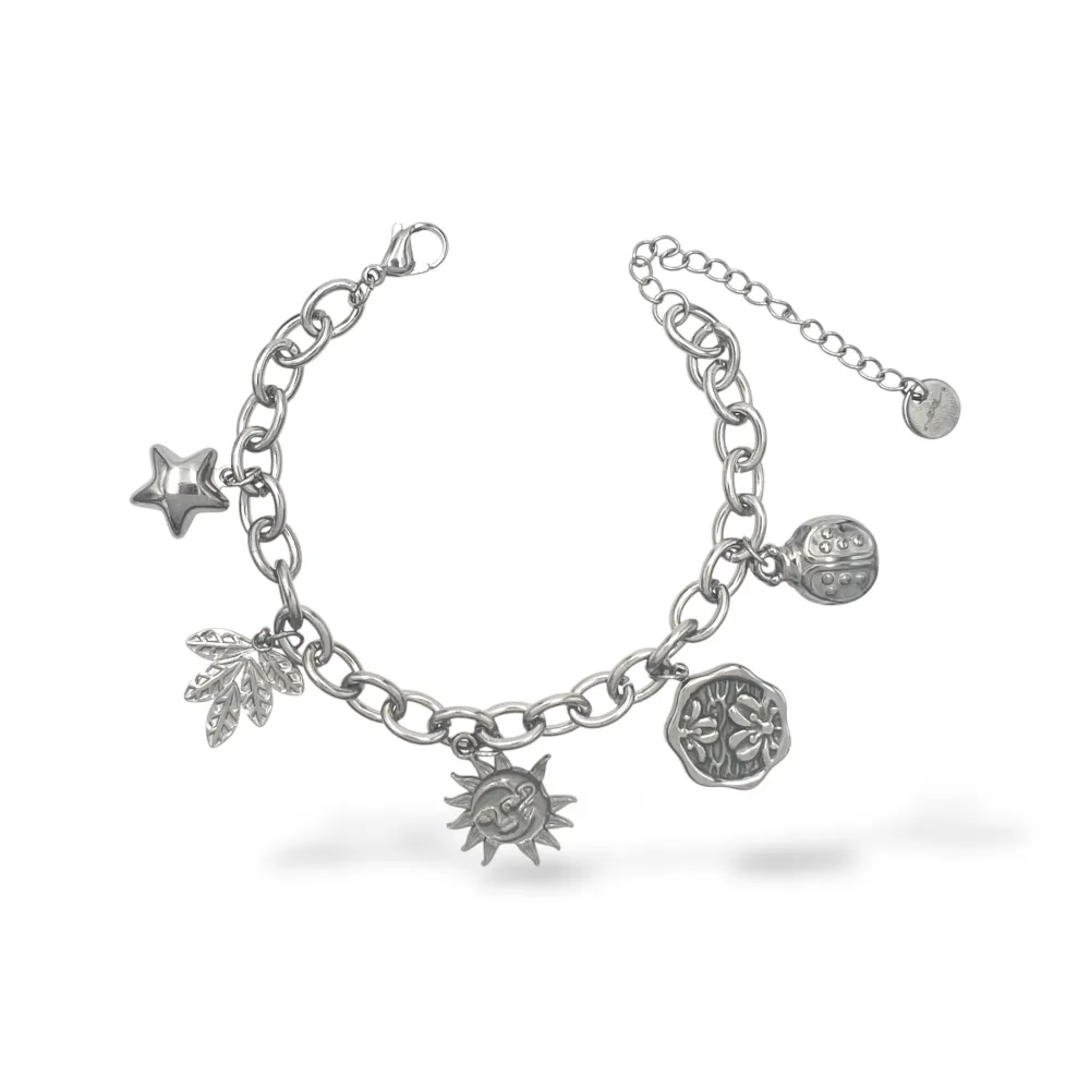 Sole, Fiori, stella, coccinella, foglia-Bracciale in acciaio - BR-413-3298 (Argento)