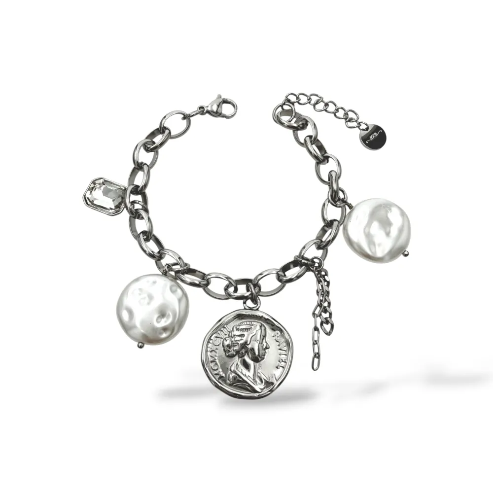 [BR-794-131] Moneta E Perla-Bracciale in Acciaio - BR-794-131 (Argento)