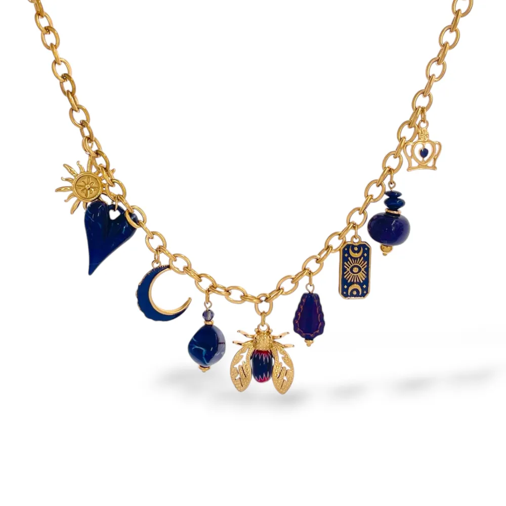 Ape, Luna, Cuore, Sole, Pietre-Collana Corta Moda in Acciaio - CAC-732-693 (Nero)
