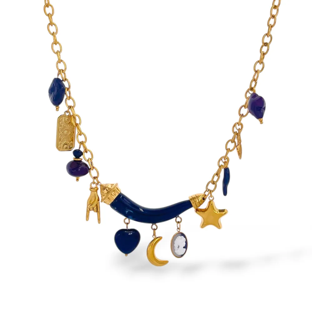 Corno Con Pendenti-Collana Corta Moda in Acciaio - CAC-732-725