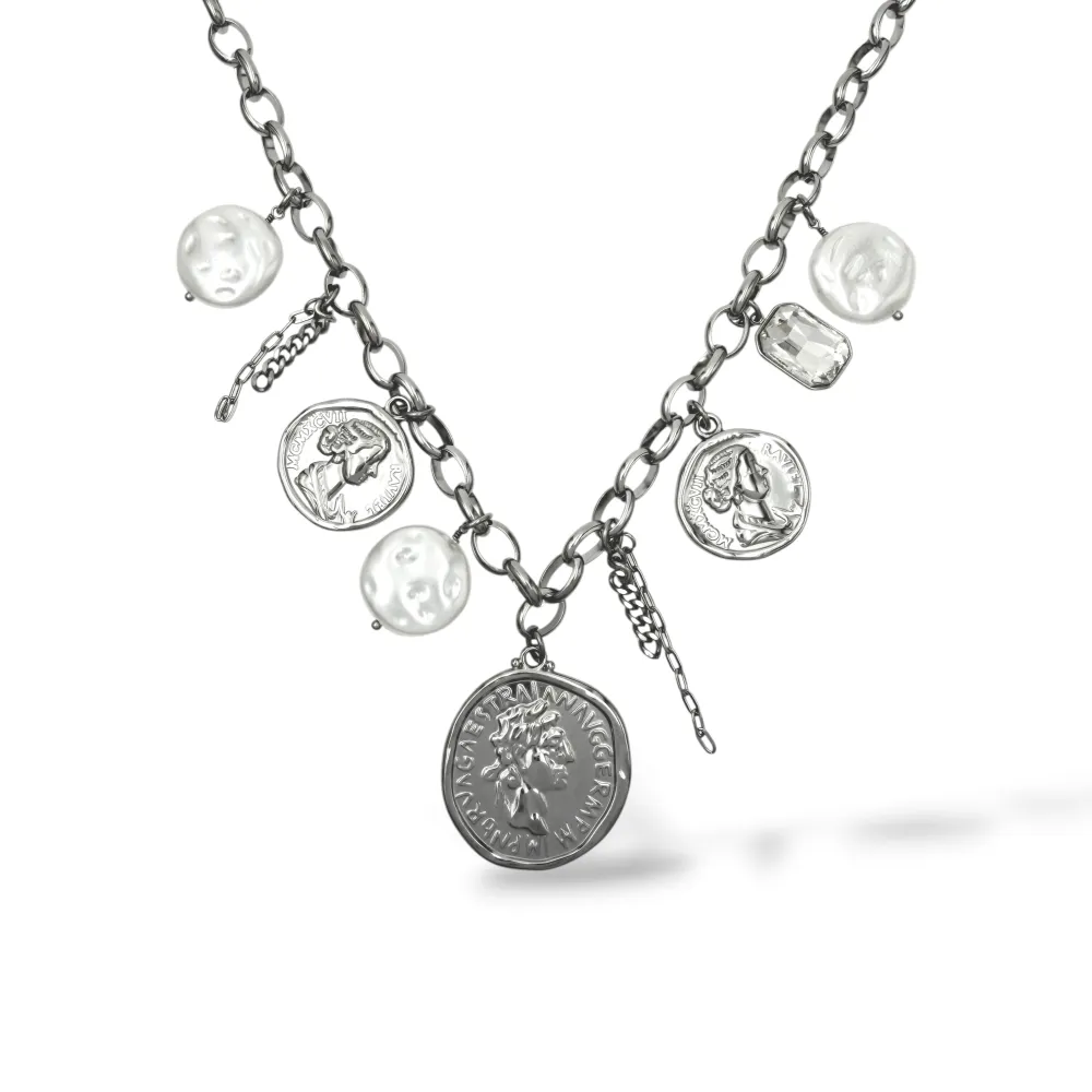 [CAC-794-130] Moneta E Perla-Collana Corta in Acciaio - CAC-794-130 (Argento)