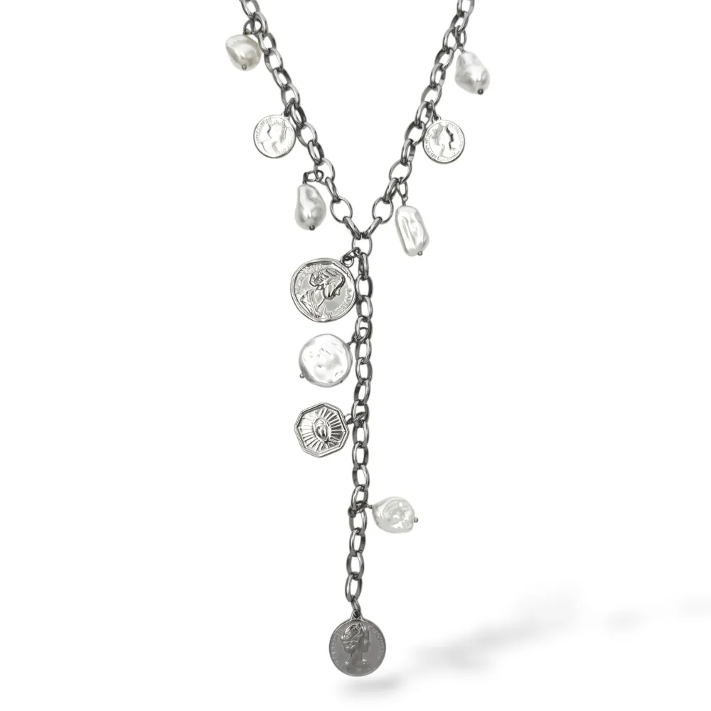 [CAC-794-162] Moneta E Perla-Collana Corta a Y in Acciaio - CAC-794-162 (Argento)