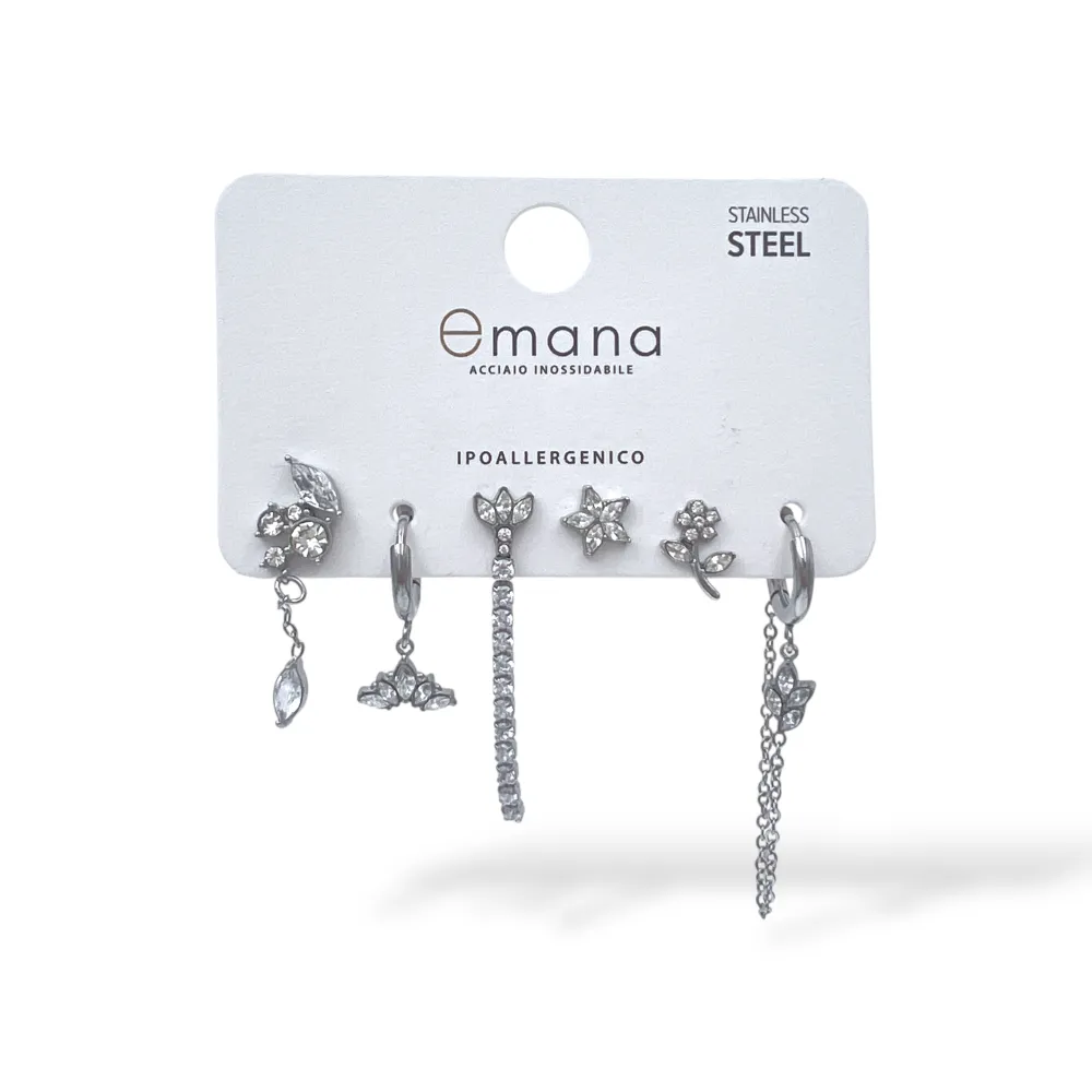 Fiore, stella-Set 6pz Orecchini in Acciaio e Zirconia - OR-103-AA7035E
