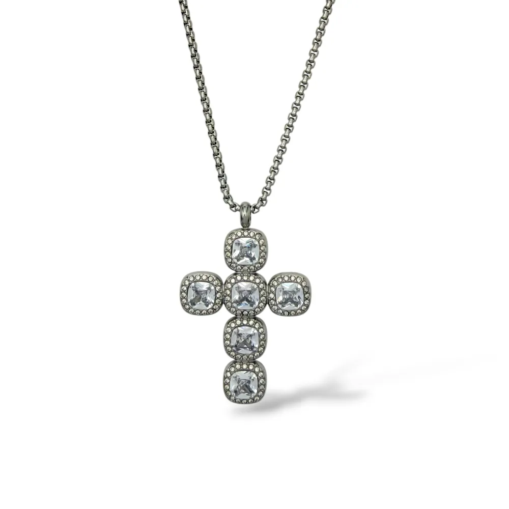 [CL-103-AA7355N/65+5cm] Croce-Collana Lunga in Acciaio - CL-103-AA7355N/65+5cm (Argento)