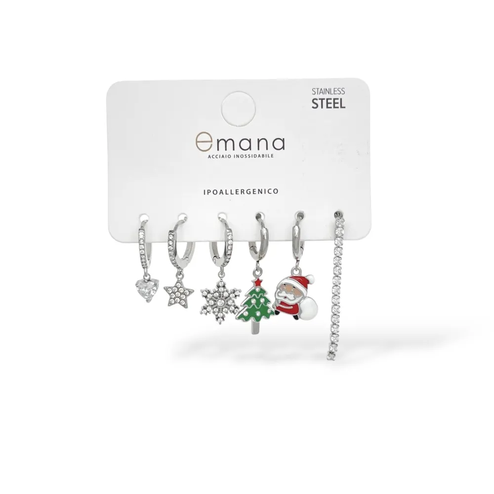 Babbo Natale, Albero di Natale, Fiocco di Neve, Tennis-Set 6pz Orecchini in Acciaio e Zirconia - OR-103-AA7322E