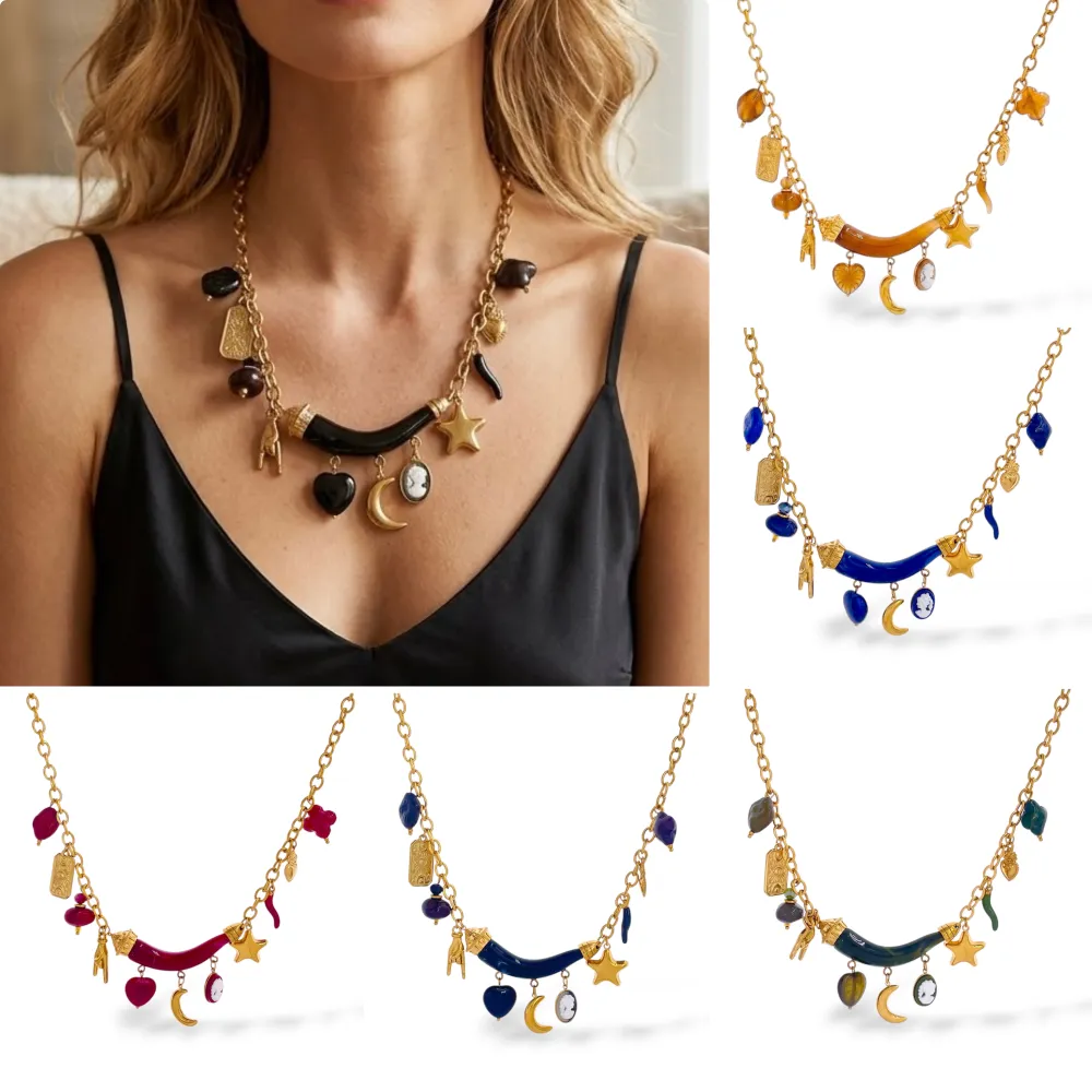 Corno Con Pendenti-Collana Corta Moda in Acciaio - CAC-732-725