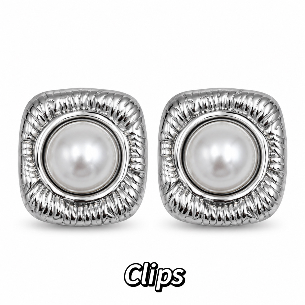 [OR-413-2602] Quadrato Con Perla-Orecchini a Clip - OR-413-2602 (Argento)