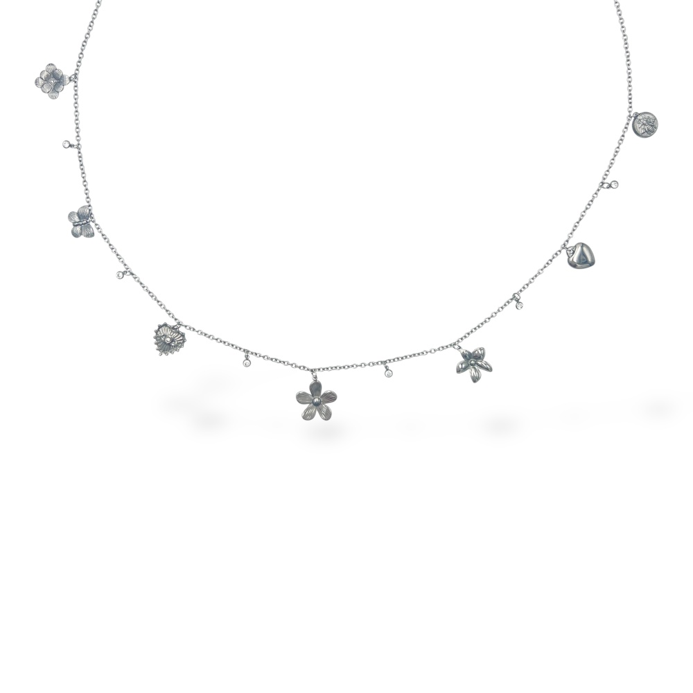 [BO-413-216] Fiore, farfalla, punto luce-Catena da Vita in Acciaio - BO-413-216 (Argento)