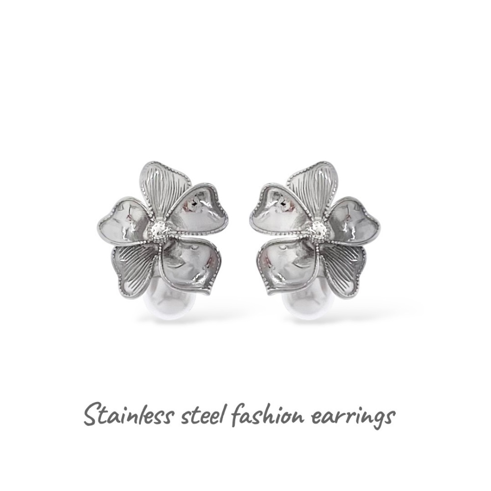[OR-413-1026] Fiore con perla-Orecchini in Acciaio - OR-413-1026 (Argento)