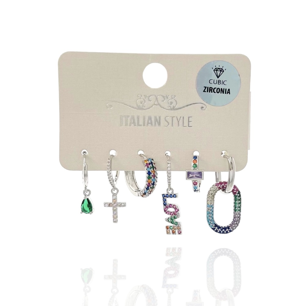 [OR-109-130] Croce, love-Set 6pz Orecchini con Zirconia - OR-109-130 (Argento)
