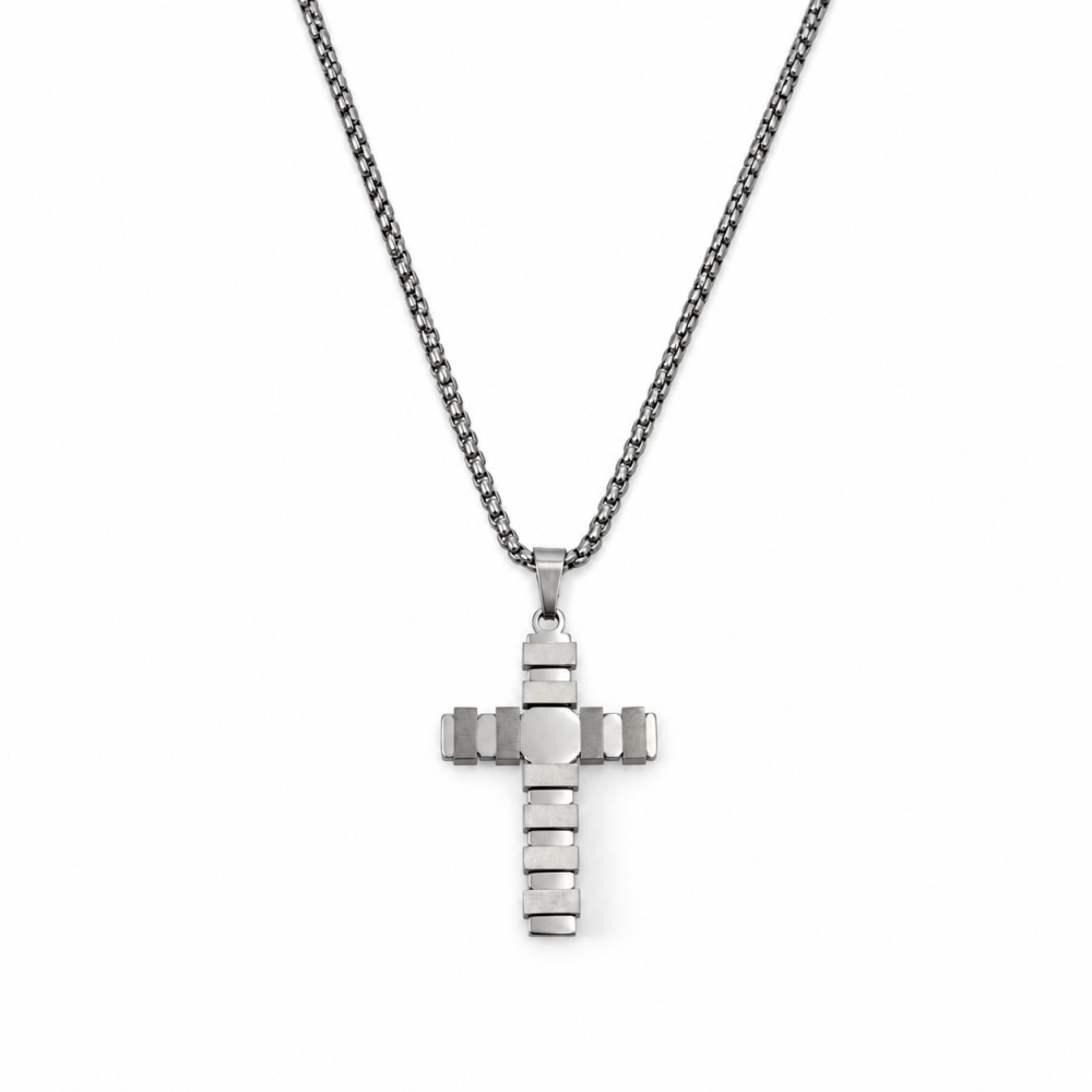[CL-775-95] Croce-Collana da Uomo in Acciaio - CL-775-95 (Argento)