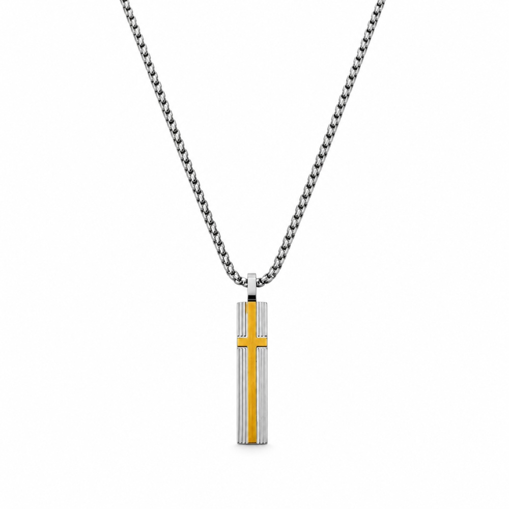 [CL-600-H420] Croce -Collana Lunga da Uomo in Acciaio - CL-600-H420 (Argento/Oro)