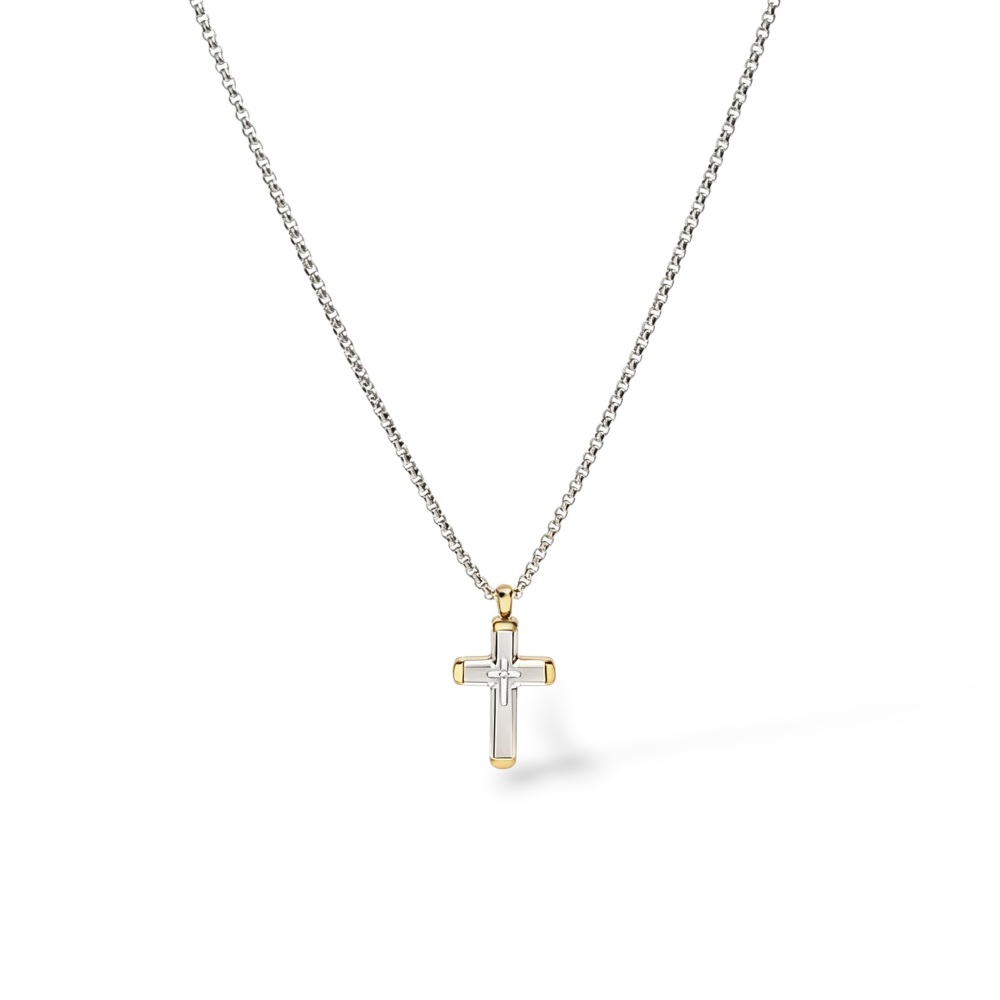 [CL-600-H421] Croce -Collana Lunga da Uomo in Acciaio - CL-600-H421 (Argento/Oro)