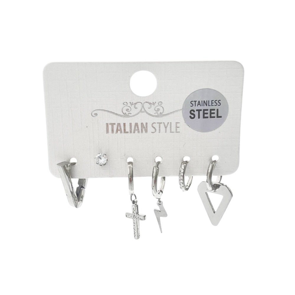Croce, Fulmine, Forma V-Set 6pz Orecchini in Acciaio - OR-450-422B
