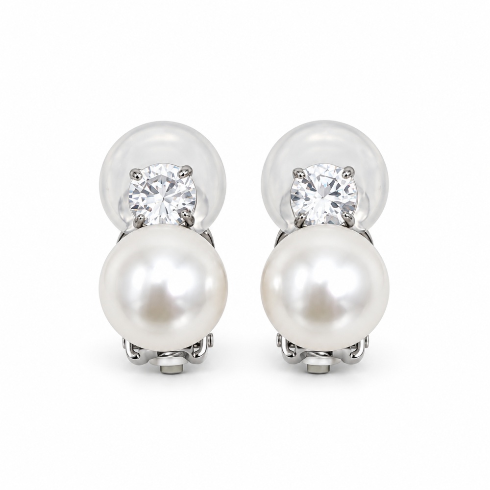 [OR-103-AA7388E] Perla Con Punto Luce-Orecchini clip acciaio - OR-103-AA7388E (Argento)