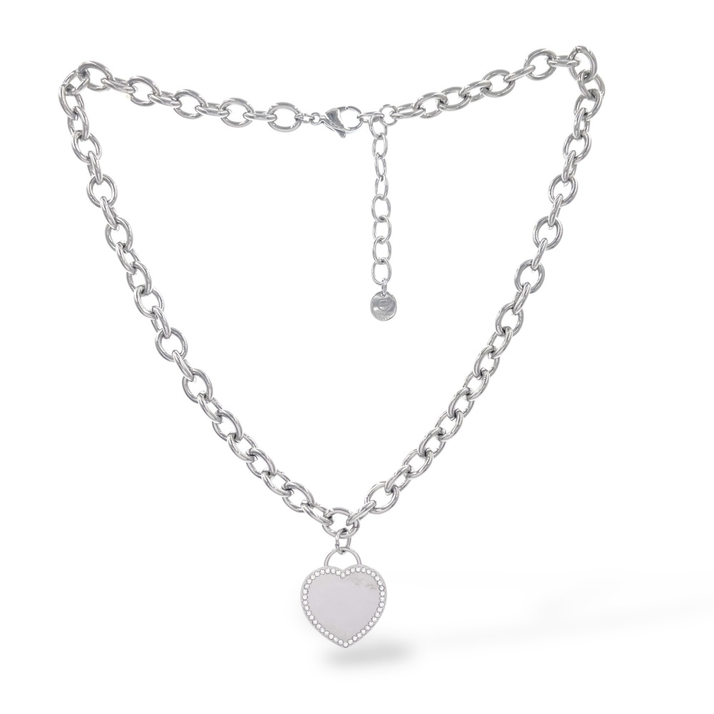 [CAC-103-AA5913B] Cuore con zirconi-Collana in Acciaio con Chiusura - CAC-103-AA5913B (Argento)