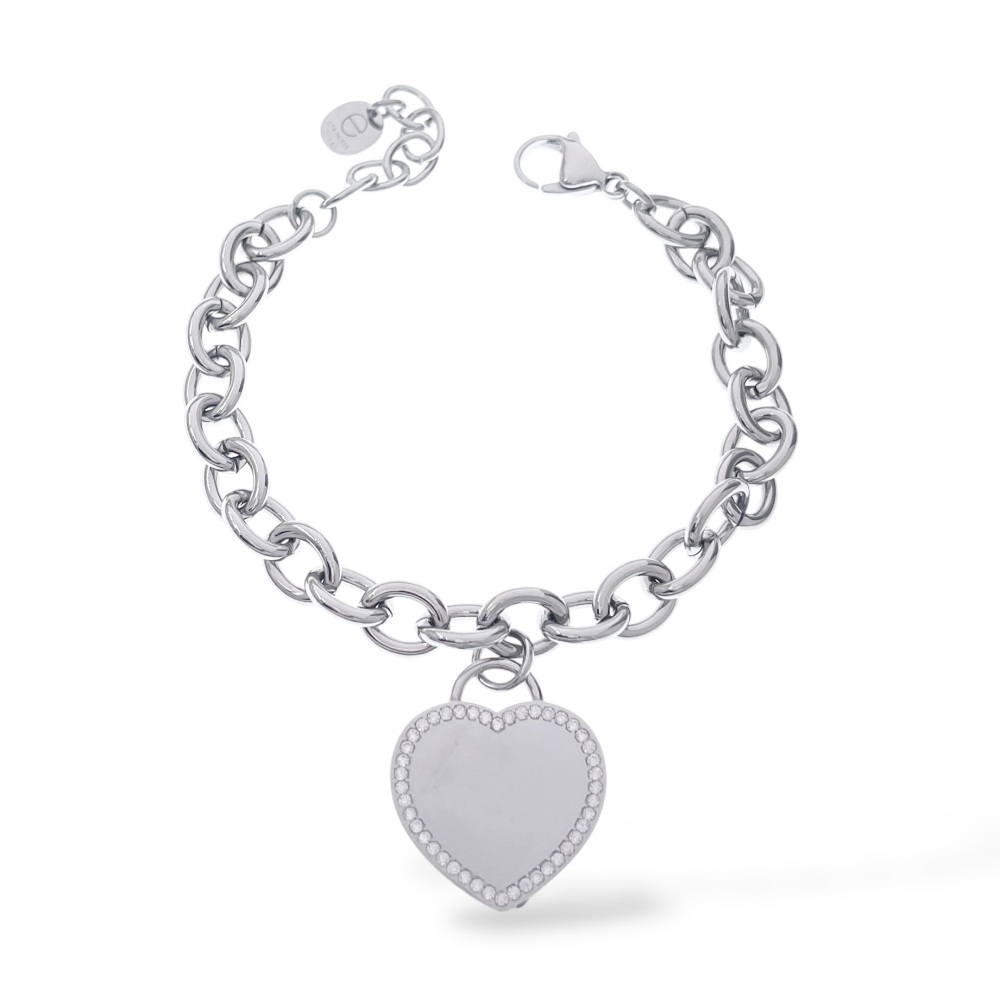[BAC-103-AA5912B] Cuore con zirconi-Bracciale in Acciaio con Chiusura - BAC-103-AA5912B (Argento)