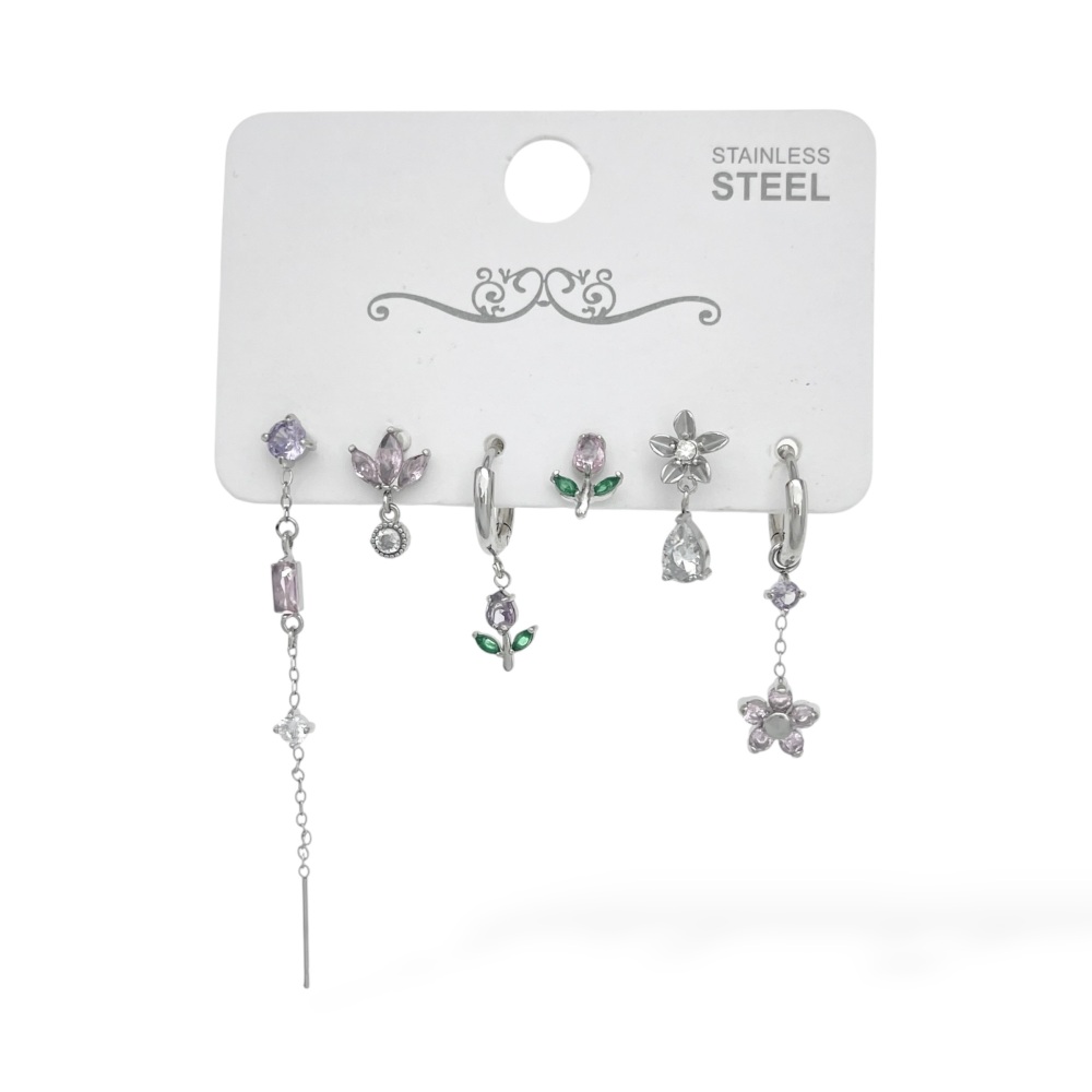 [OR-795-22718] Fiori, Ramoscelli, Punto Luce-Orecchini A Set in Acciaio - OR-795-22718 (Rosa/Argento)