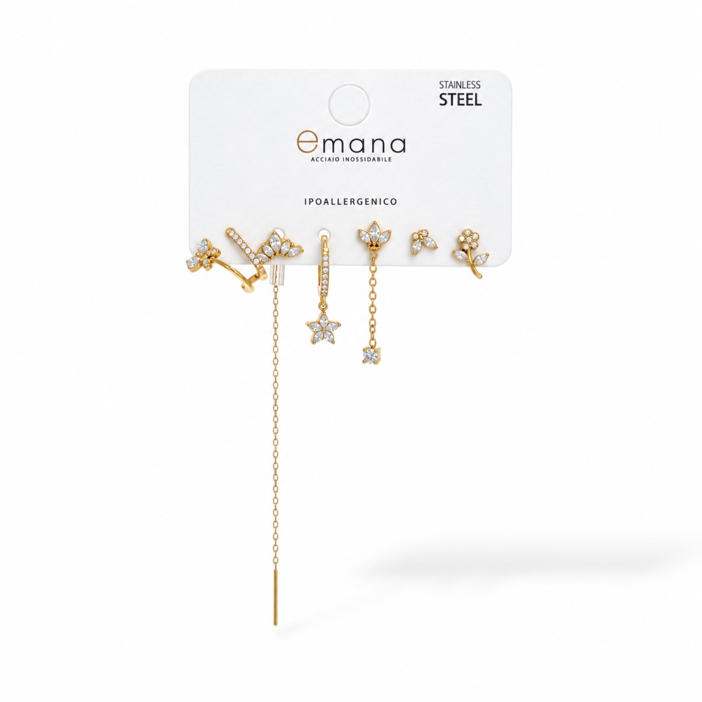 [OR-103-AA7312E] Fiori, Farfalla-Set 6pz Orecchini in Acciaio - OR-103-AA7312E (Bianco/Oro)