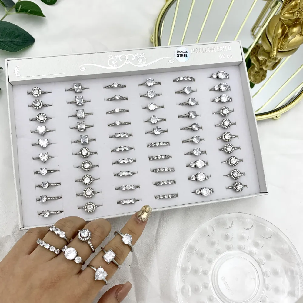Mix Anelli Basici con Zirconia-36pz Anelli Regolabili in Acciaio - AAR-103-AA01R (MIX)