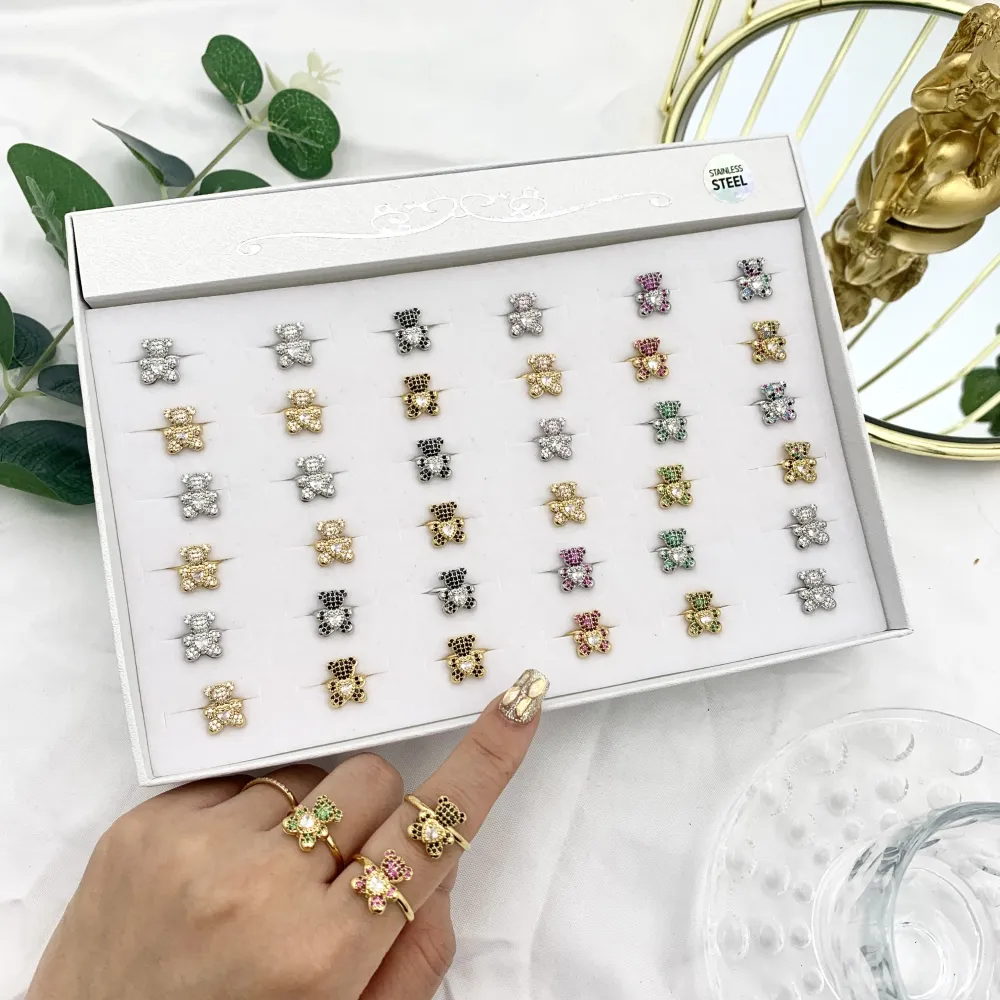 Orsetto Piccolo con Zirconia-36Pz Anelli Regolabili in Acciaio - AAR-103-AA2719R 12mm (MIX)