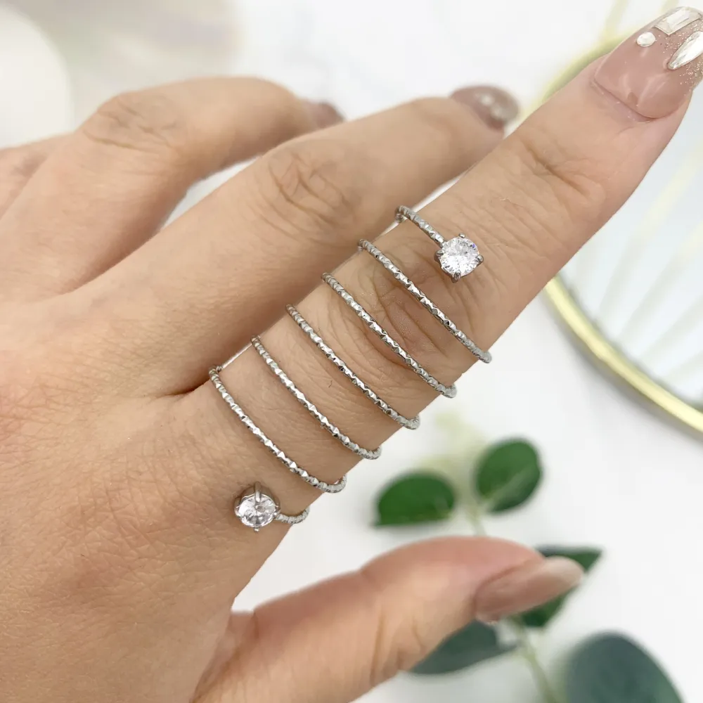 6 Fili a Molla con Punto Luce -Anello in Acciaio - AAR-103-AA4013R