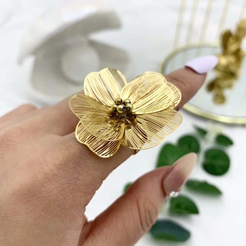 Fiore-Anello Regolabile in Acciaio - AAR-732-175 (Oro Giallo)