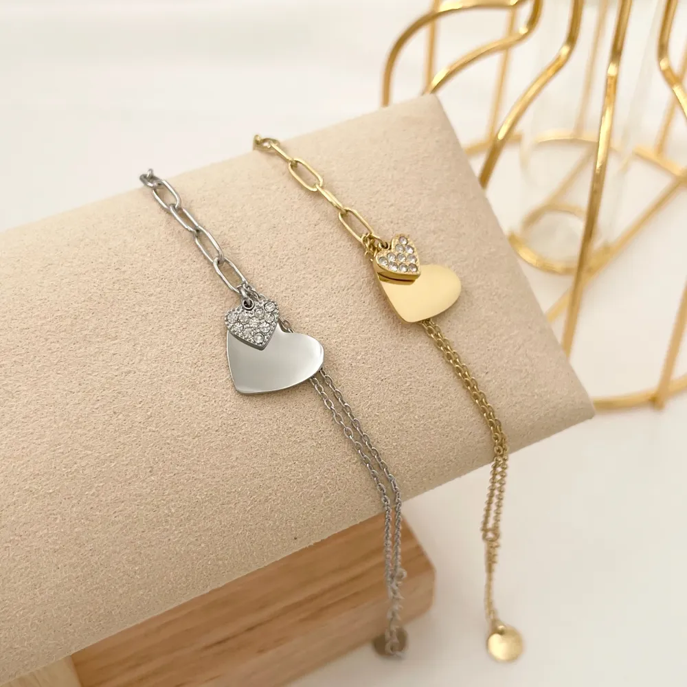 Cuore con Strass-Bracciale in Acciaio - BAC-103-AA2443B (Oro Giallo)