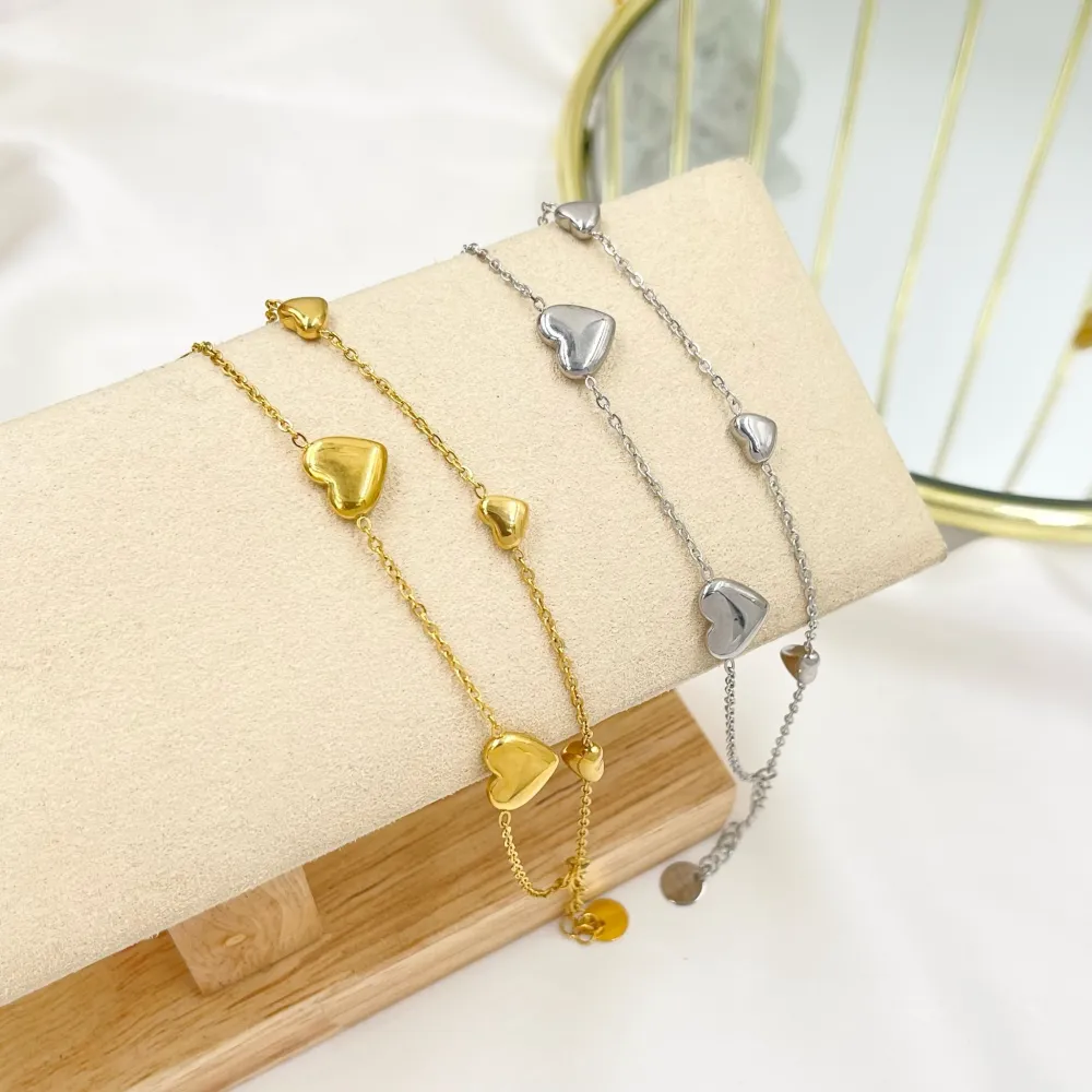 Doppia Catena con Cuore Bombato-Bracciale in Acciaio con Chiusura - BAC-103-AA3204B