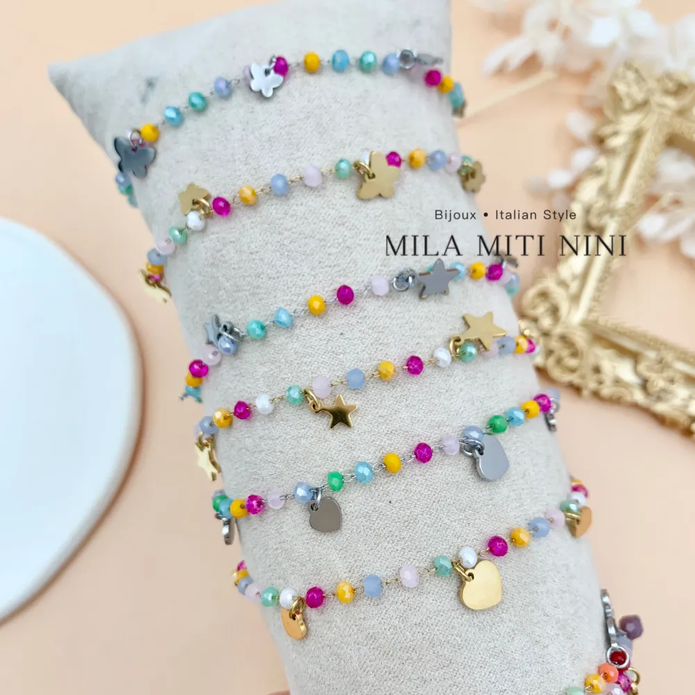 Perline Colorate con Farfalla-Bracciale in Acciaio con Chiusura - BAC-103-AA415B