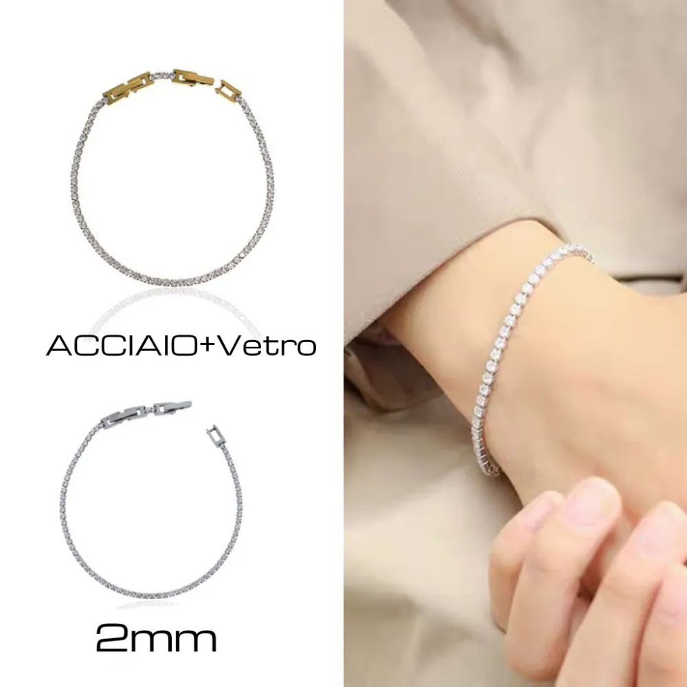 Tennis 2mm Acciaio+Vetro-Bracciale con Chiusra in Acciaio - BAC-413-040 2mm Tennis Acciaio+VETRO (Bianco/Oro Giallo)
