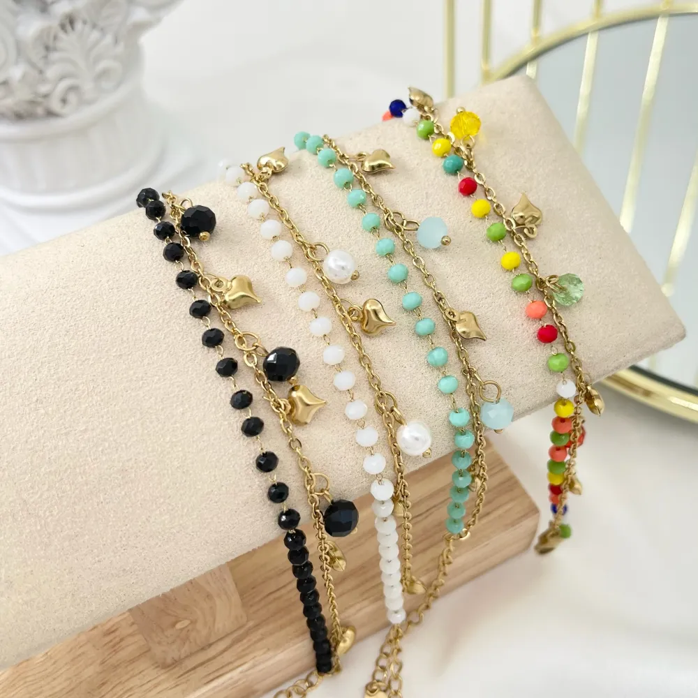 [BR-413-1267] Doppia Catena con Cuore-Bracciale in Acciaio con Chiusura - BAC-413-1267 (Bianco)