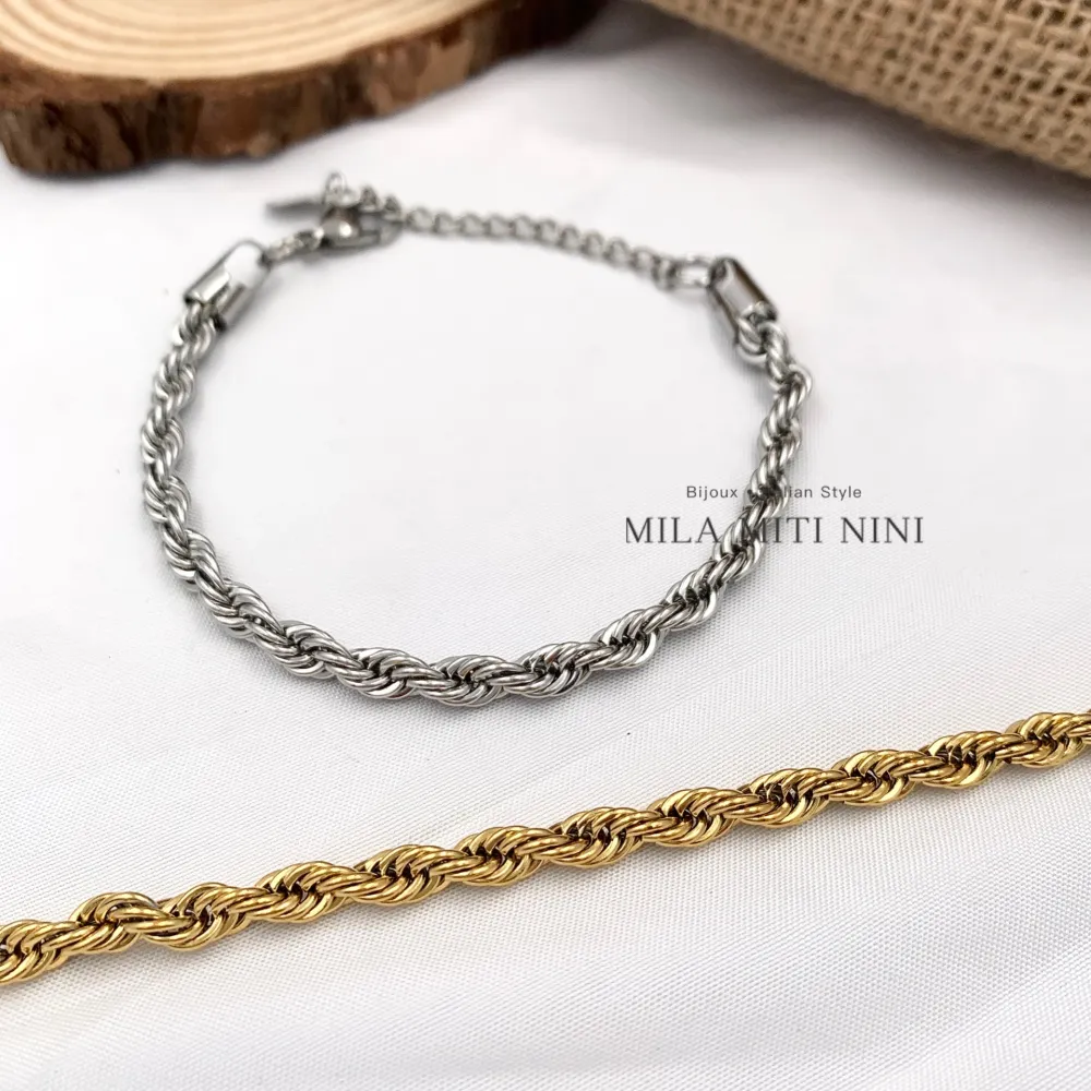 [BAC-413-1684] Catena Torchon 5mm-Bracciale in Acciaio con Chiusura - BAC-413-1684 (Argento)
