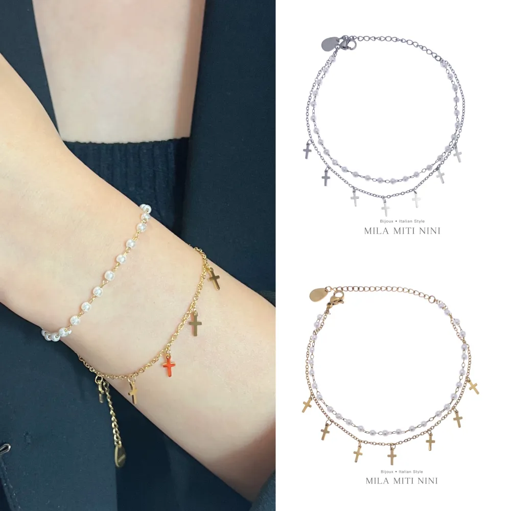 Doppio Perla Croce-Bracciale in Acciaio con Chiusura - BAC-413-1698 (Argento)