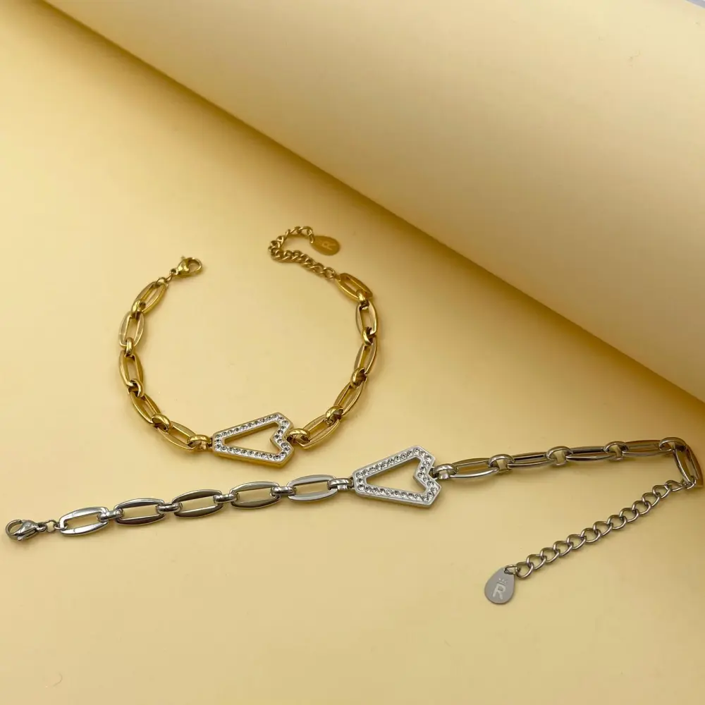 [BAC-413-1746] Catena con Cuore V-Bracciale in Acciaio con Chiusura - BAC-413-1746 (Argento)