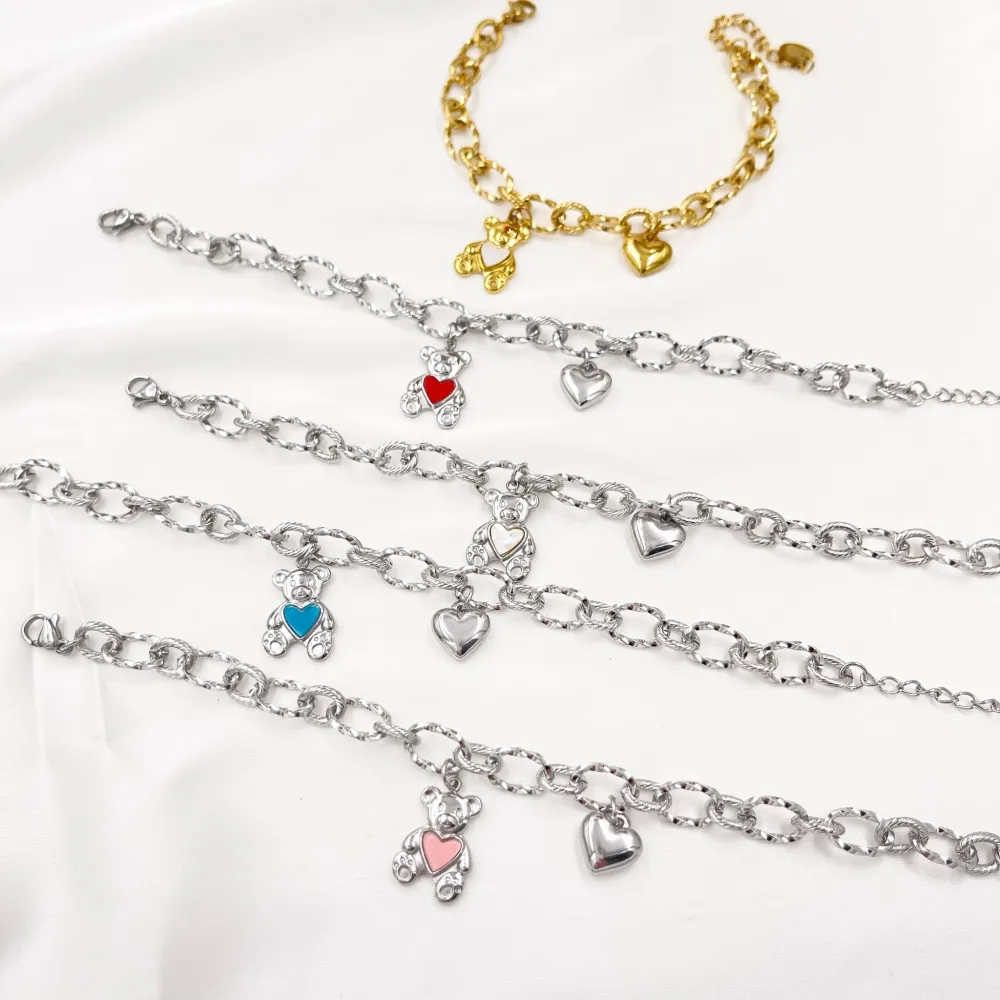 [BAC-413-1919] Orsetto con Cuore Smaltato-Bracciale in Acciaio - BAC-413-1919 (Bianco/Oro)